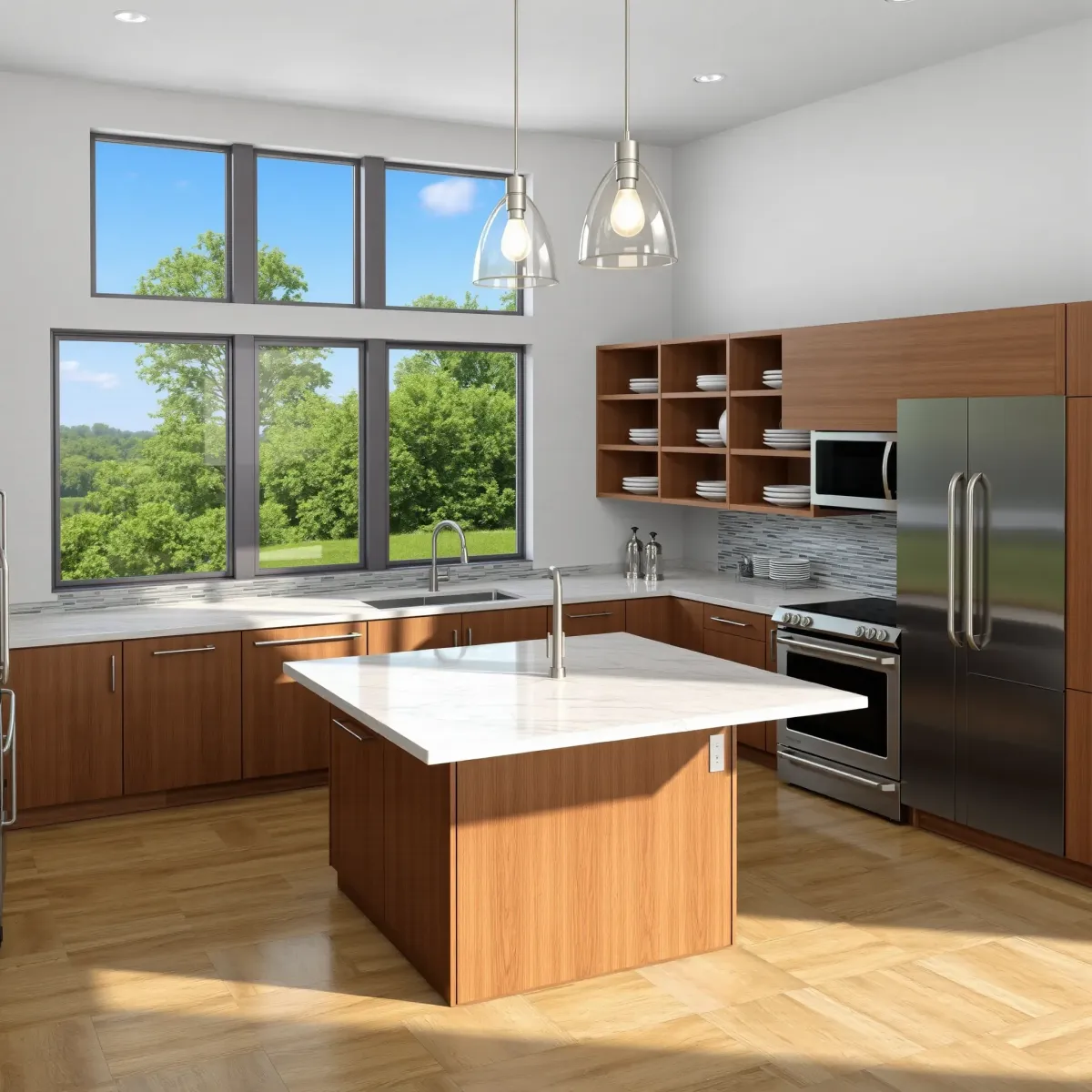 Modern Madisonville kitchen with warm wood cabinets, stainless steel appliances, granite countertops, and large windows.