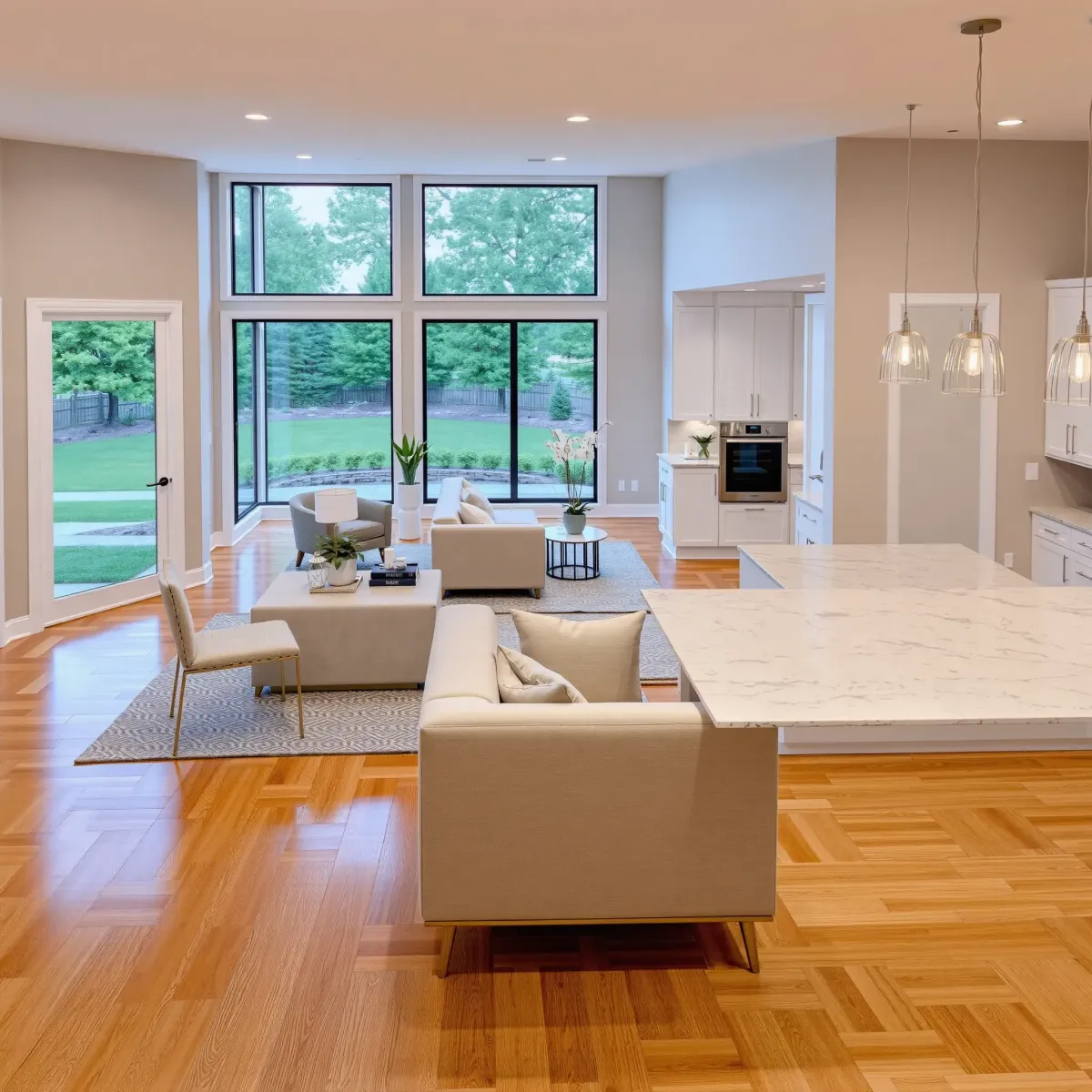 Finished home remodel in Maryville TN with open living, modern kitchen, cozy sitting area, large windows, landscaped yard.