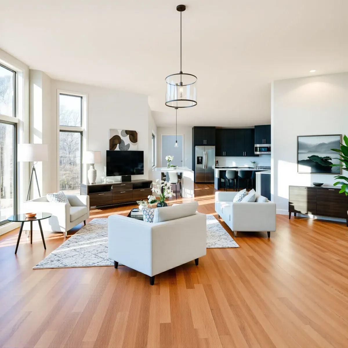 Remodeled Oak Ridge living room with large windows, hardwood floors, modern decor, and seamless transition to a stylish kitchen.