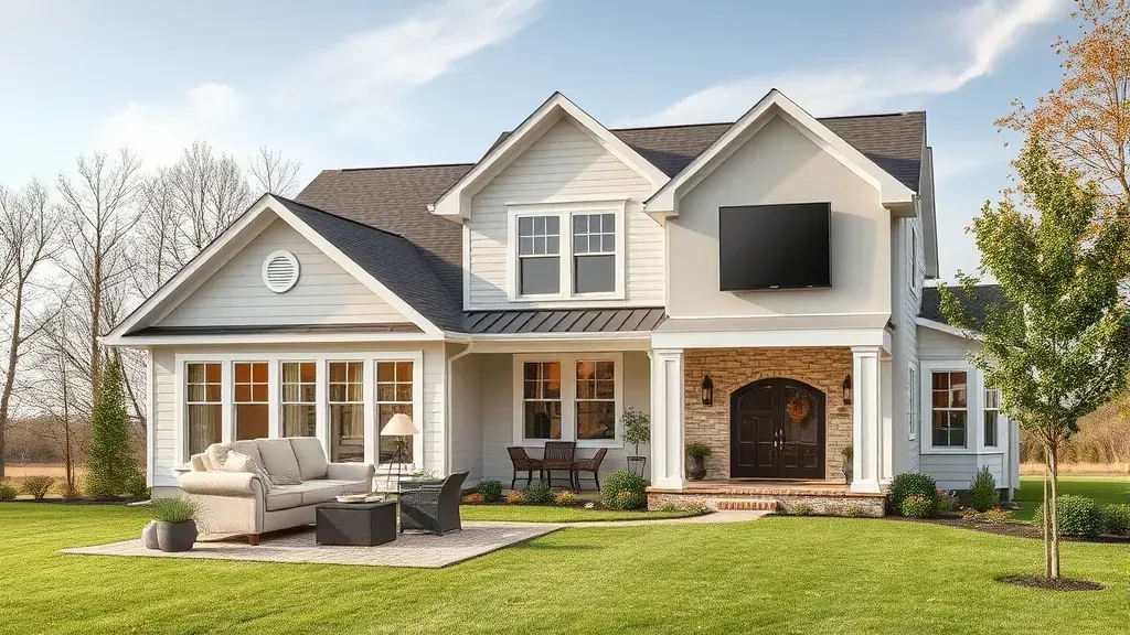 Modern renovated Erwin, TN living room with sleek furniture, large windows, warm tones, and seamless kitchen view.