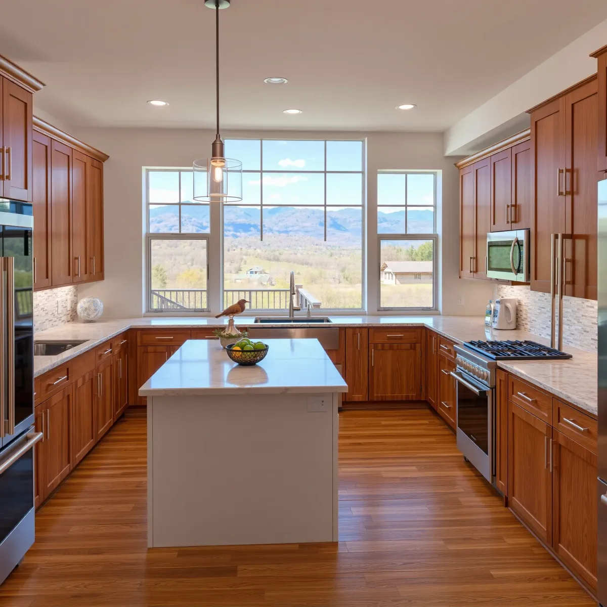 Beautiful modern Sevierville kitchen with wood cabinets, stainless appliances, granite island, and mountain view.