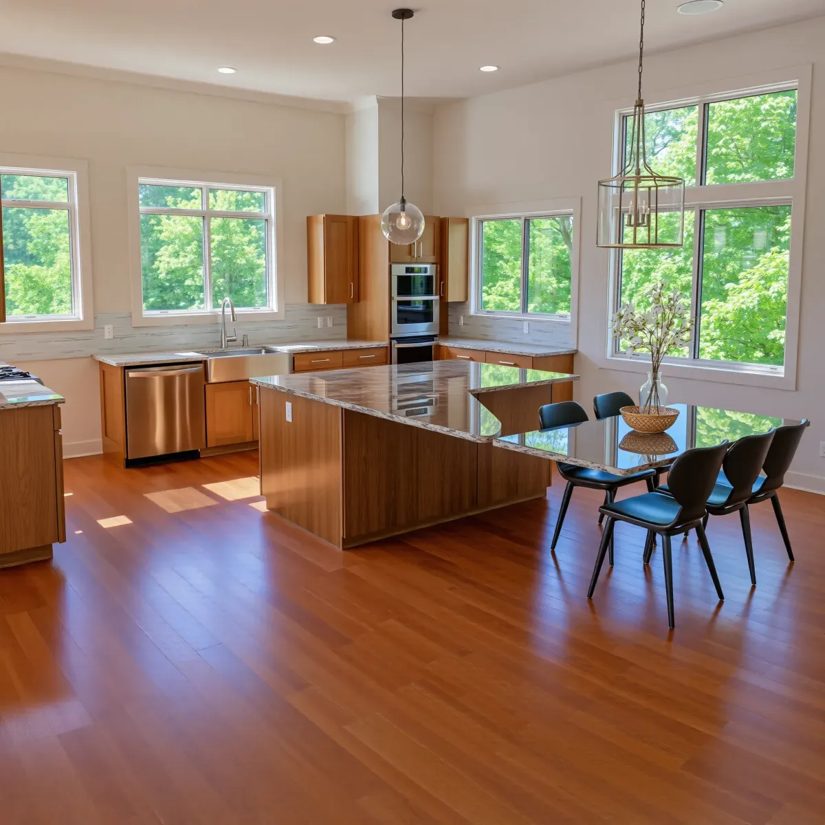 Renovated LaFollette, TN kitchen with modern cabinetry, granite island, stainless appliances, and natural light.