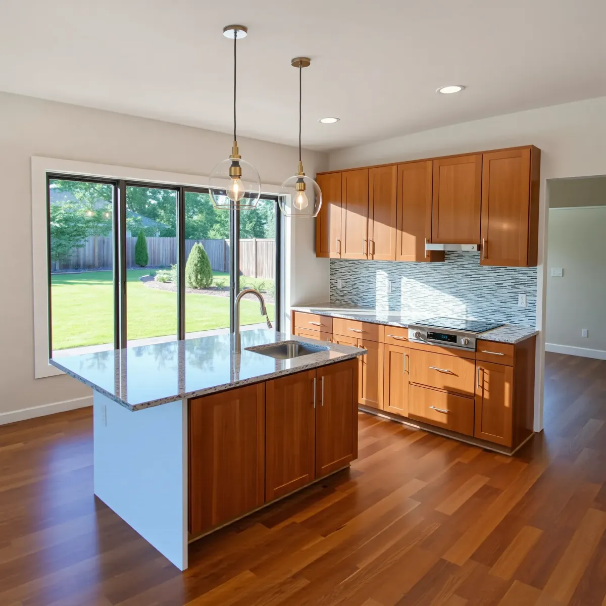 Modern renovated kitchen in Halls Crossroads, TN with warm wood cabinetry, stainless steel appliances, granite island, and natural light.