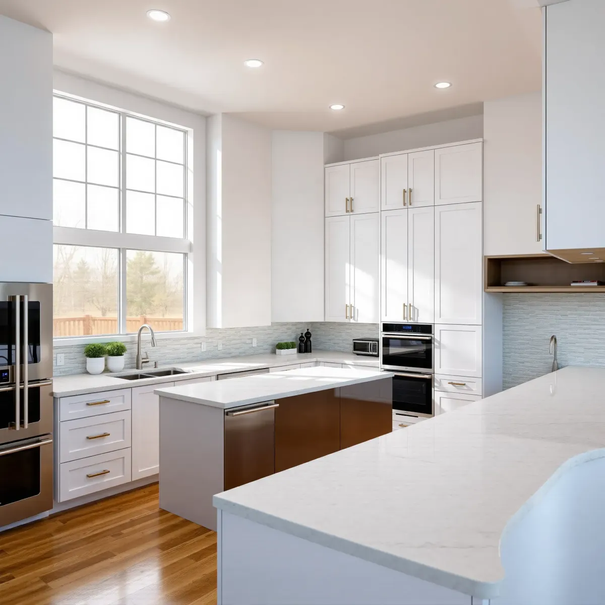 Modern Knoxville kitchen with white cabinets, quartz island, stainless appliances, neutral backsplash, hardwood floors, and natural light.