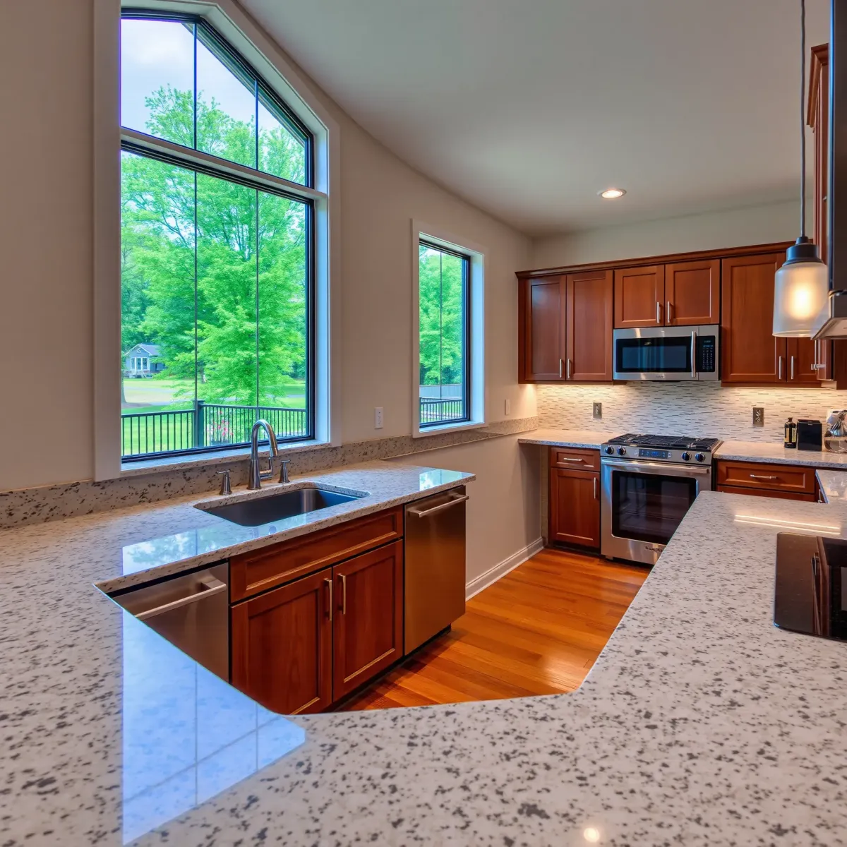 Remodeled Loudon, TN kitchen with quartz countertops, stainless steel appliances, custom wood cabinetry, and natural lighting.
