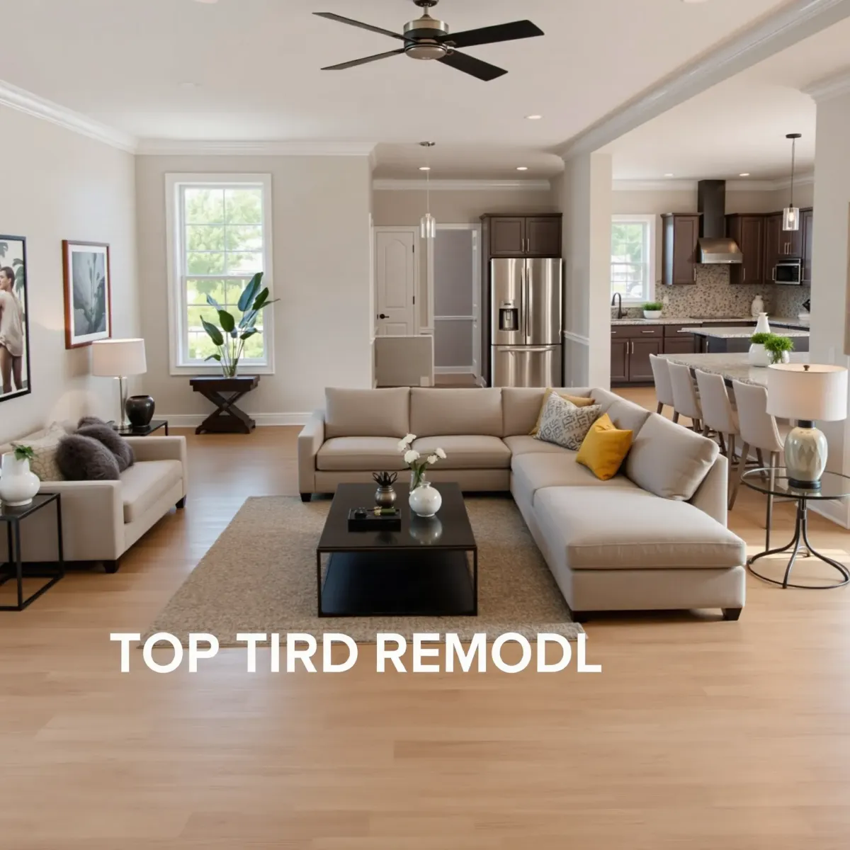 Stunning renovated Jefferson City home interior featuring modern hardwood, granite countertops, stylish decor, and lush outdoor views.