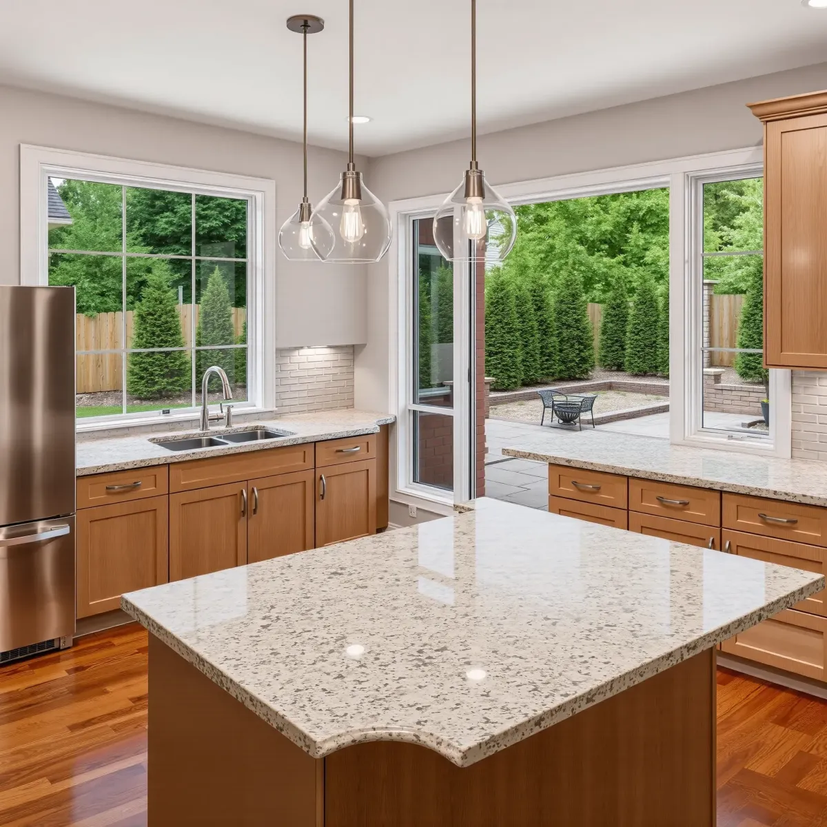 Modern Lenoir City kitchen with navy and wood cabinets, quartz countertops, stainless steel appliances, and natural light.