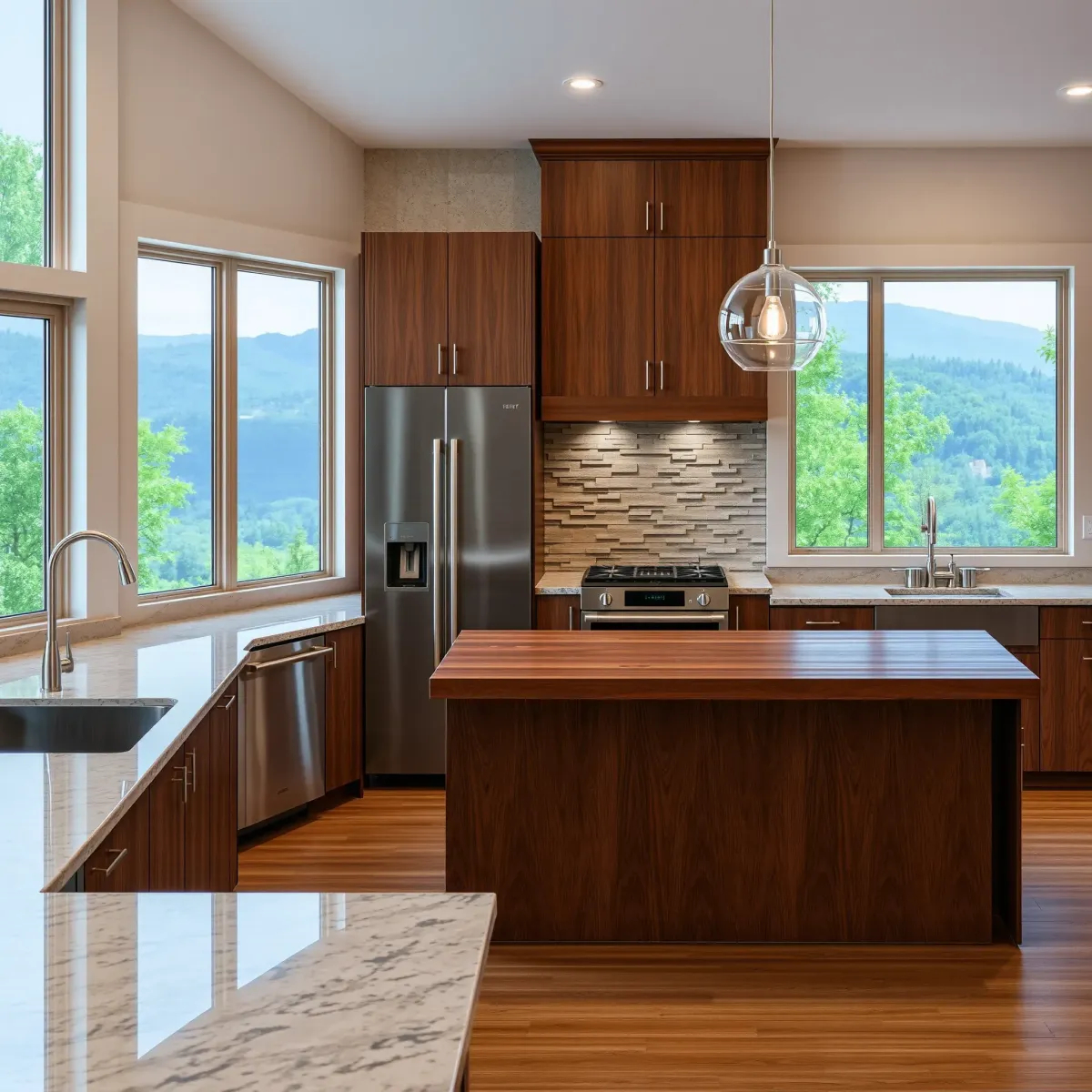 Modern Gatlinburg kitchen with wood cabinets, marble counters, stainless appliances, mountain views, and scenic outdoor backdrop.