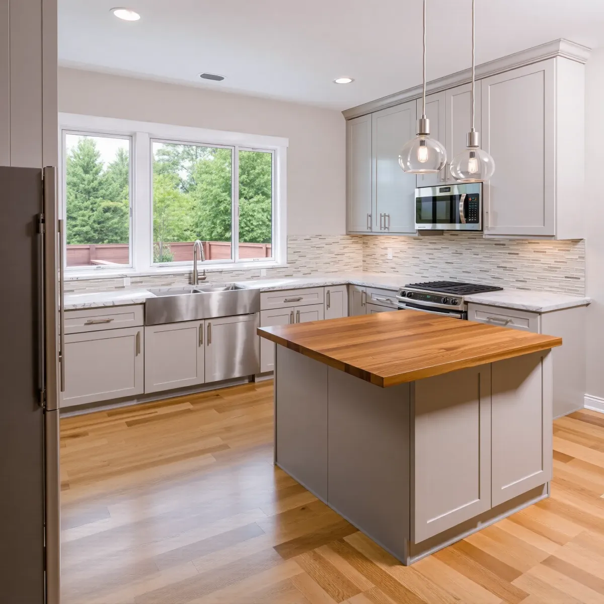 Beautiful Knoxville kitchen remodel with sleek cabinets, quartz countertops, stainless appliances, and a lush outdoor garden view.