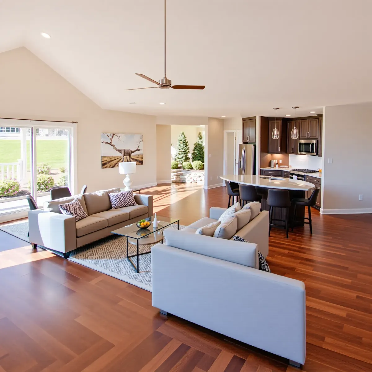 Remodeled modern living room in Erwin, TN with hardwood floors, crown molding, plush sofas, artwork, and open kitchen.
