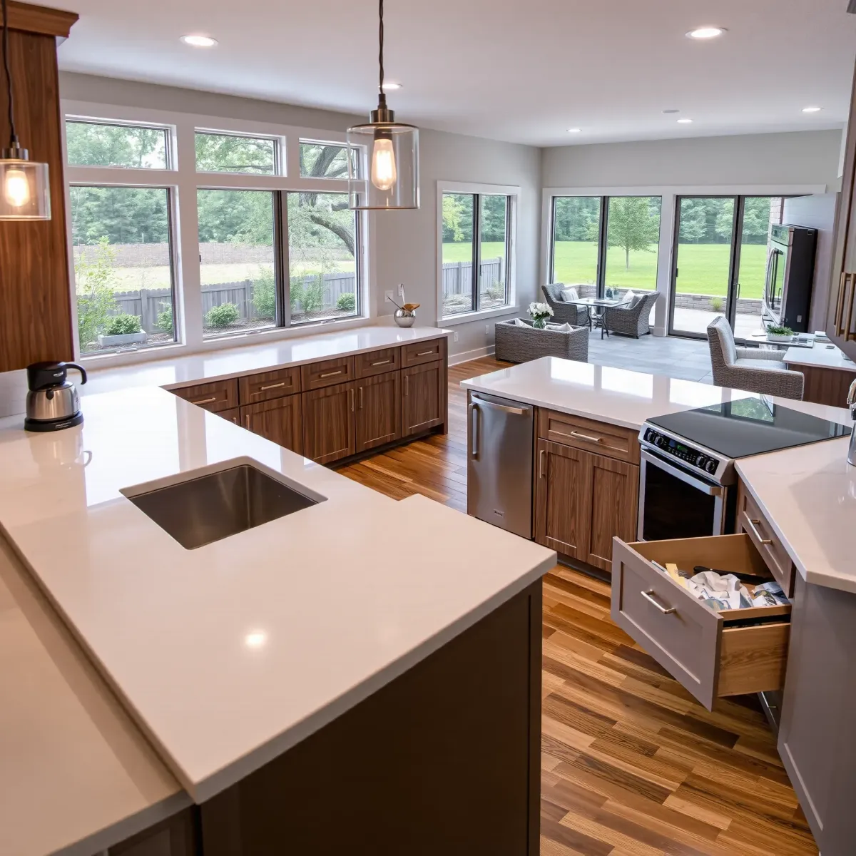 Modern Seymour, TN kitchen with navy cabinets, stainless steel appliances, quartz countertops, marble island, hardwood floors.