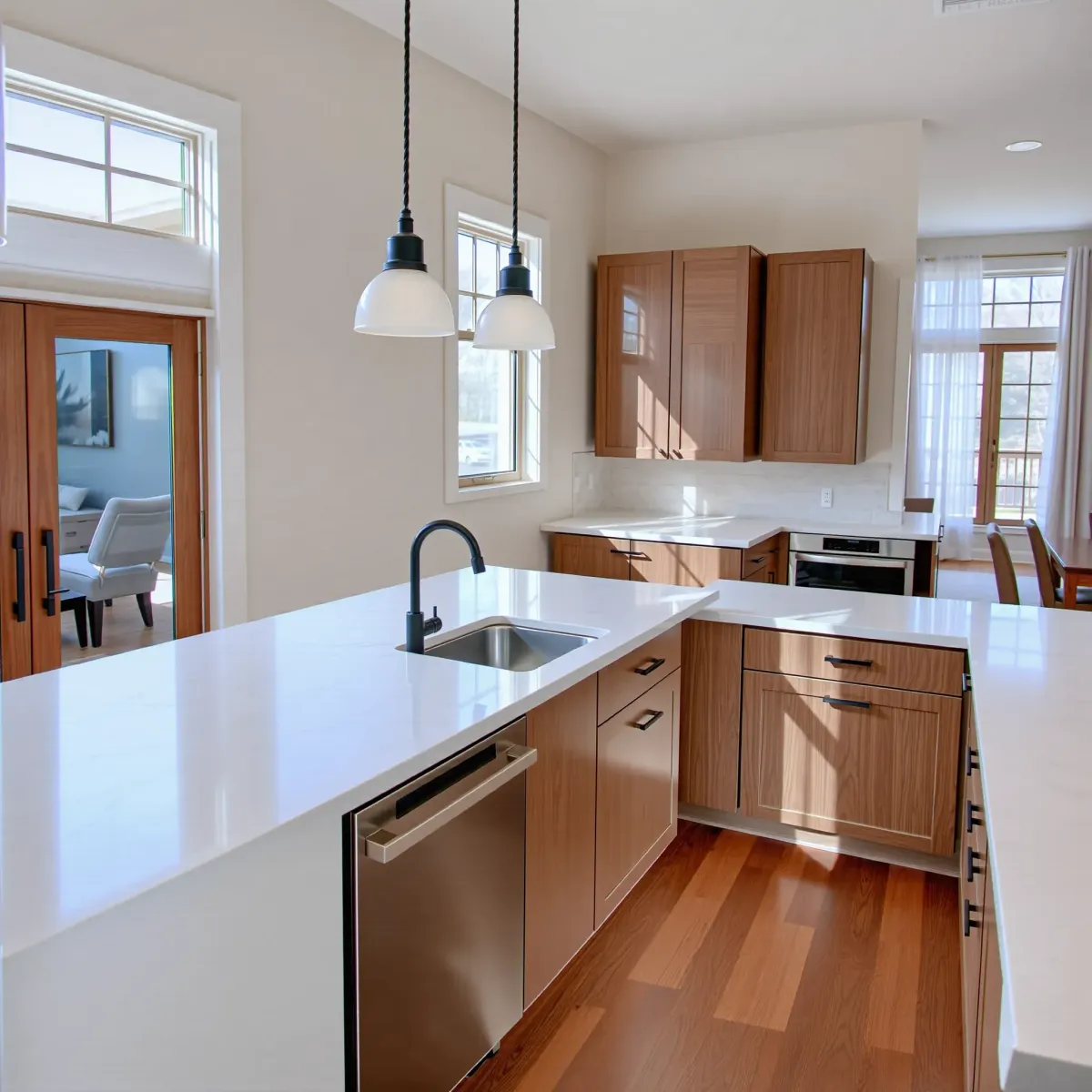 Modern renovated kitchen in Crossville, TN with white cabinetry, granite countertops, wood island, high-end appliances, and natural light.