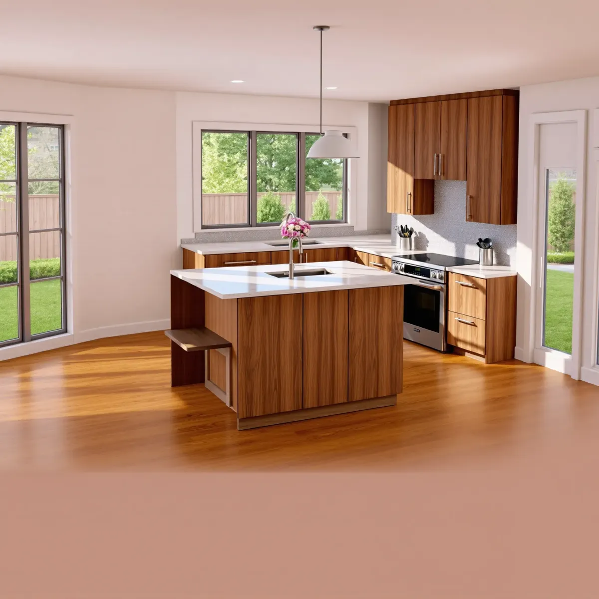 Completed Harriman, TN kitchen remodel featuring modern warm wood cabinets, granite countertops, stainless steel appliances, and natural light.