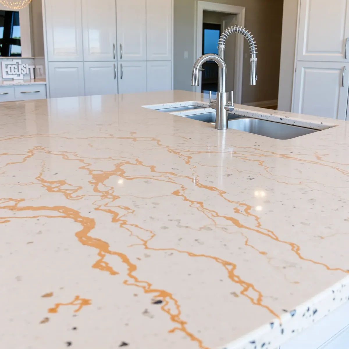 Knoxville kitchen with high-quality granite countertop, sleek stainless sink, modern fixtures, and natural city views.