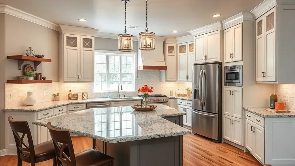 Modern Jefferson City kitchen with granite countertops, wooden cabinets, stainless steel appliances, and panoramic windows.