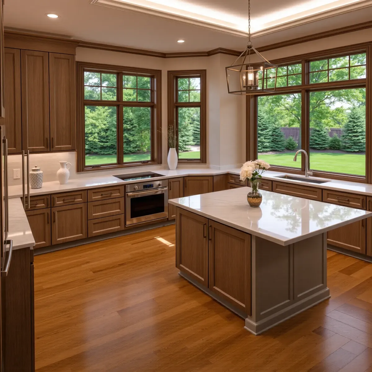 Remodeled Harriman, TN kitchen with modern wood cabinetry, granite island, subway tile backsplash, stainless appliances, hardwood floors, and natural light.