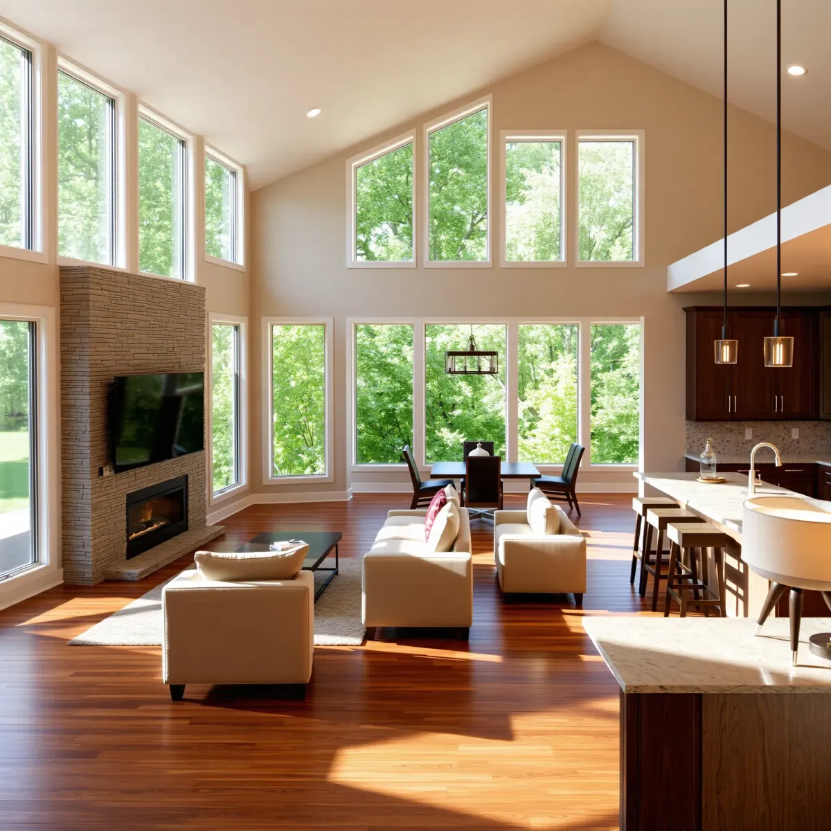 Modern, remodeled Crossville, TN home interior with open living space, large windows, hardwood floors, stylish furniture, and scenic countryside views.