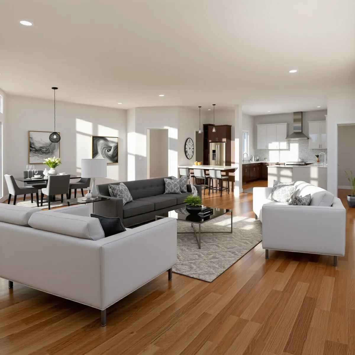 Stunning renovated living room in Halls Crossroads, TN with modern furniture, accent wall, hardwood floors, and open kitchen.