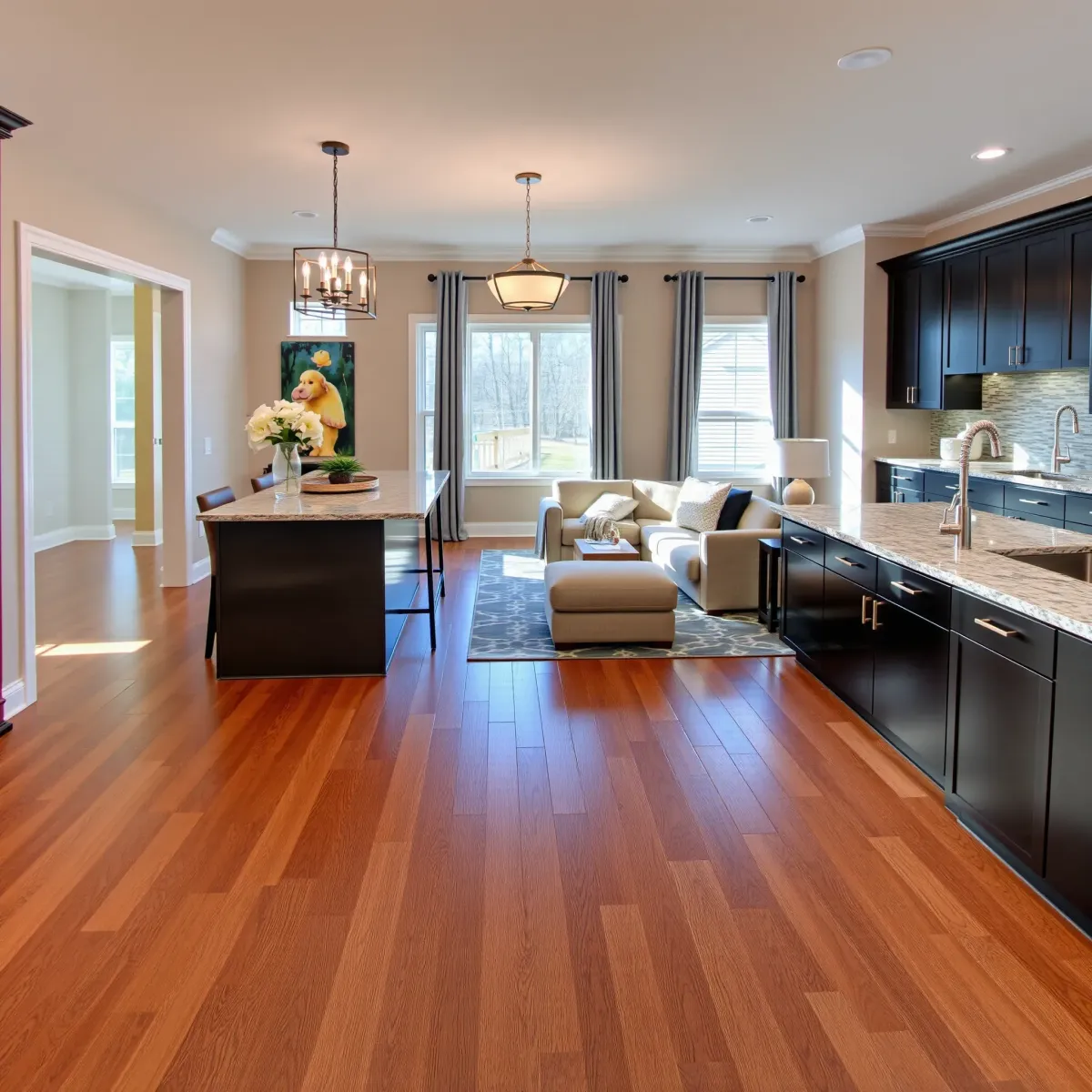 Spacious Madisonville home after remodel: modern living room with hardwood floors, stylish furniture, open kitchen, and outdoor views.
