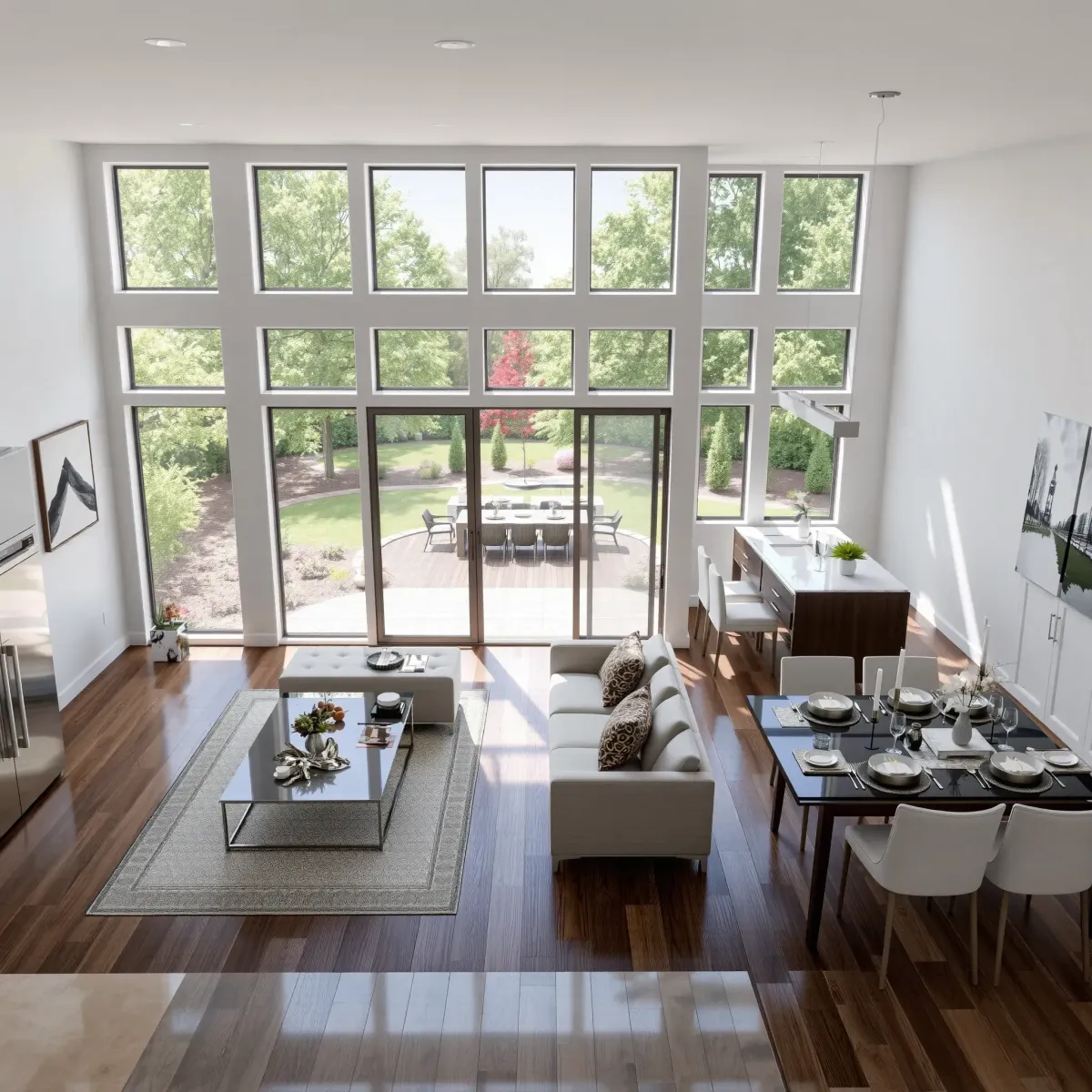 Beautiful modern Knoxville home interior with open living, gourmet kitchen, stylish decor, and lush backyard views.