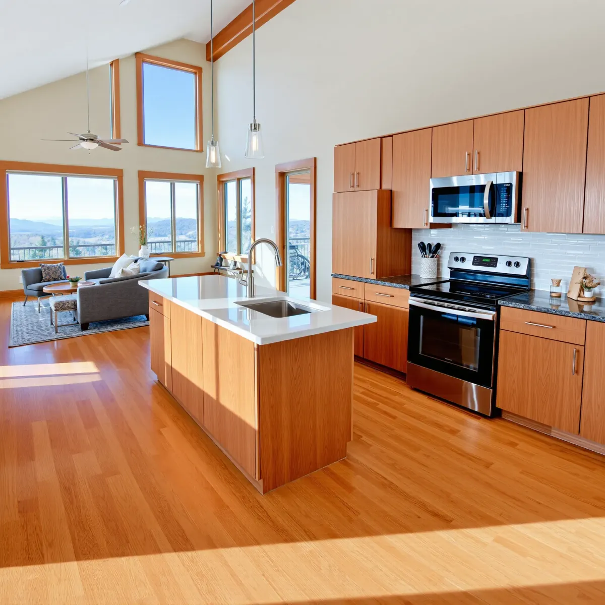 Beautiful kitchen remodel in Dandridge, TN with modern wood cabinetry, granite countertops, stainless appliances, and natural Tennessee views.