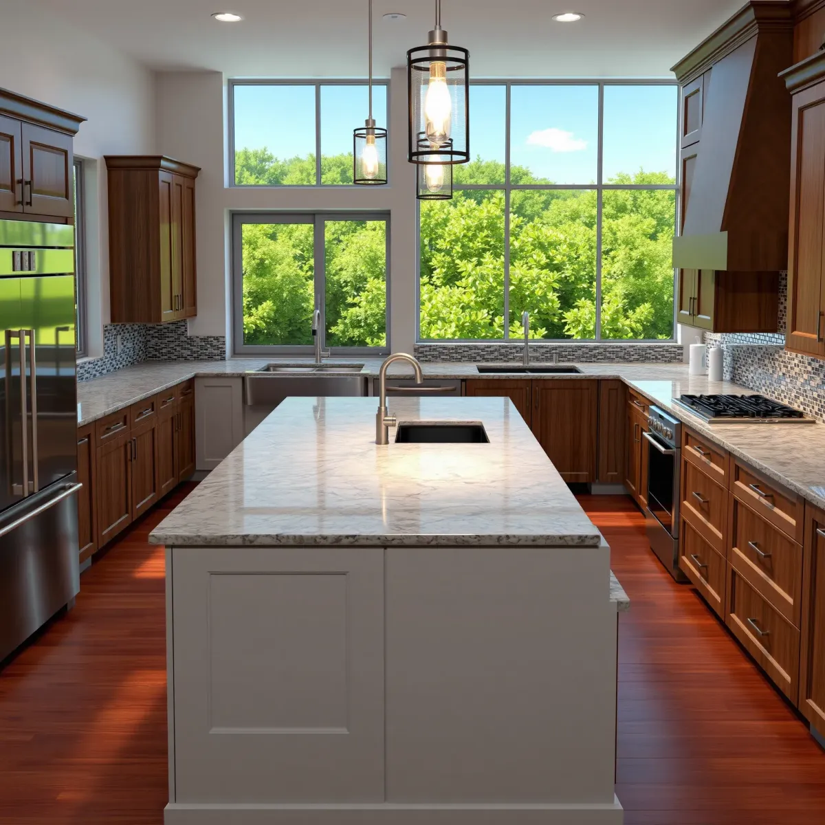 Renovated Knoxville kitchen with granite counters, stainless steel appliances, wooden cabinetry, and a lush outdoor view.
