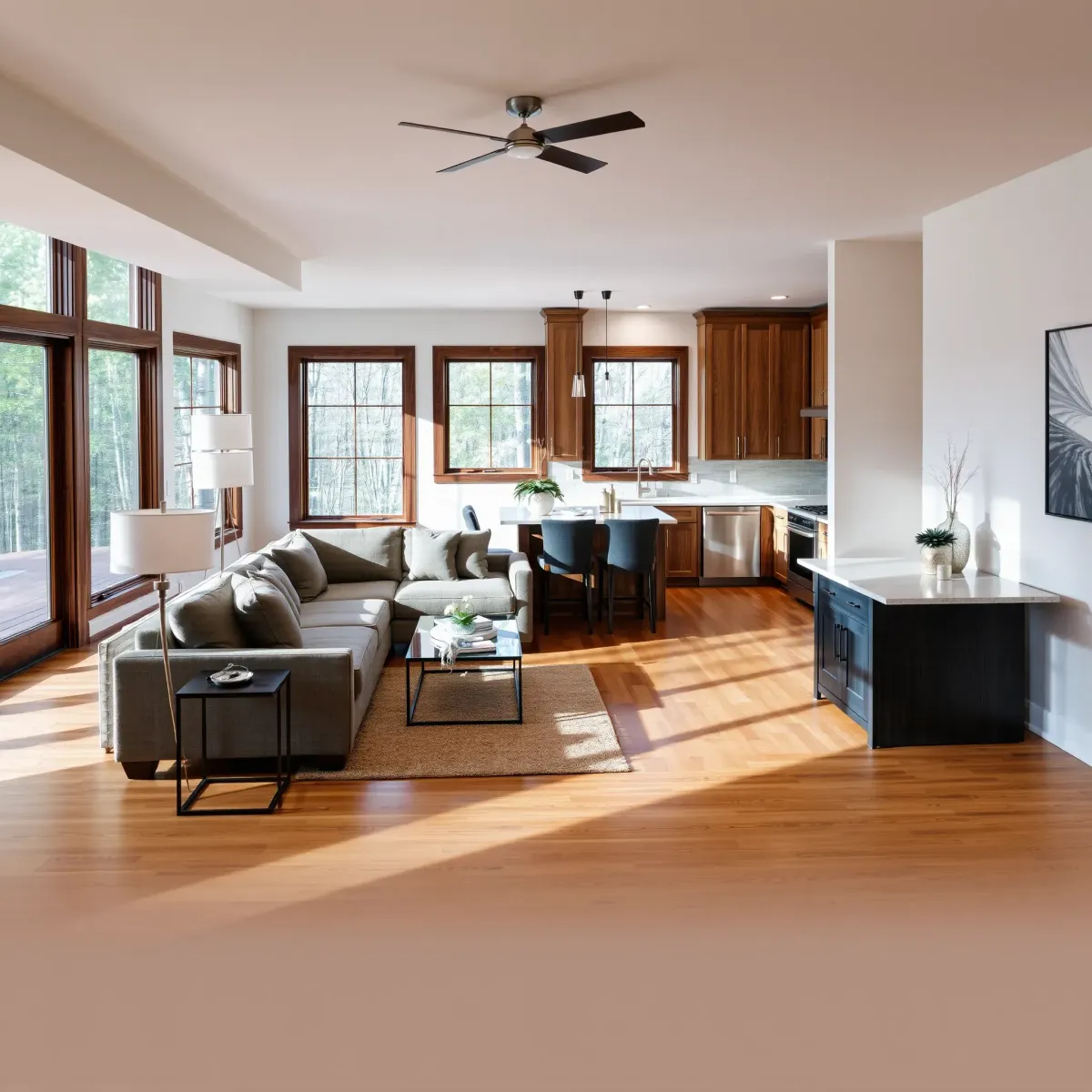 Modern renovated LaFollette TN living room with cozy furnishings, wooden floors, panoramic windows, and scenic hill views.
