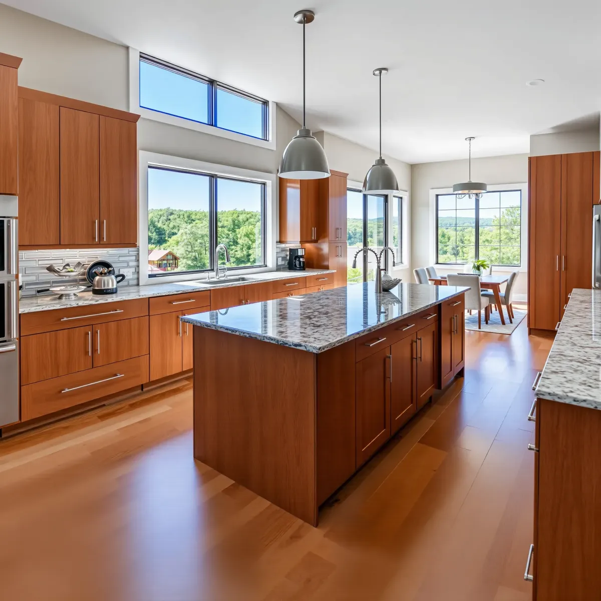 Modern kitchen remodel in Friendsville, TN with stainless steel appliances, granite counters, warm wood cabinets, and natural light.