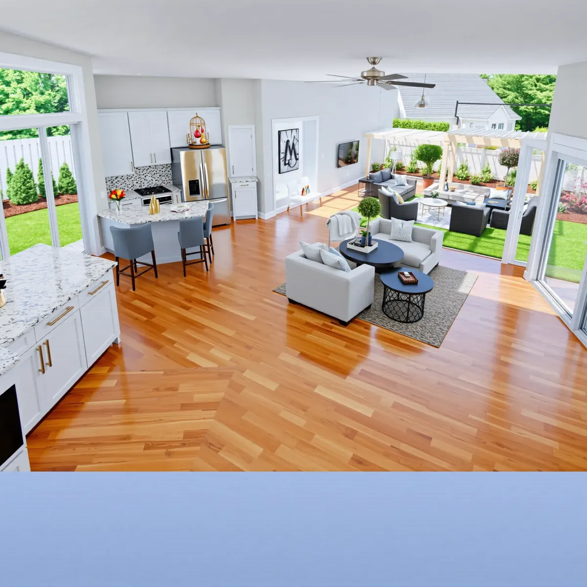 Completed Dandridge TN home remodel featuring modern open-plan interiors, spacious living, stylish kitchen, and lush landscape.