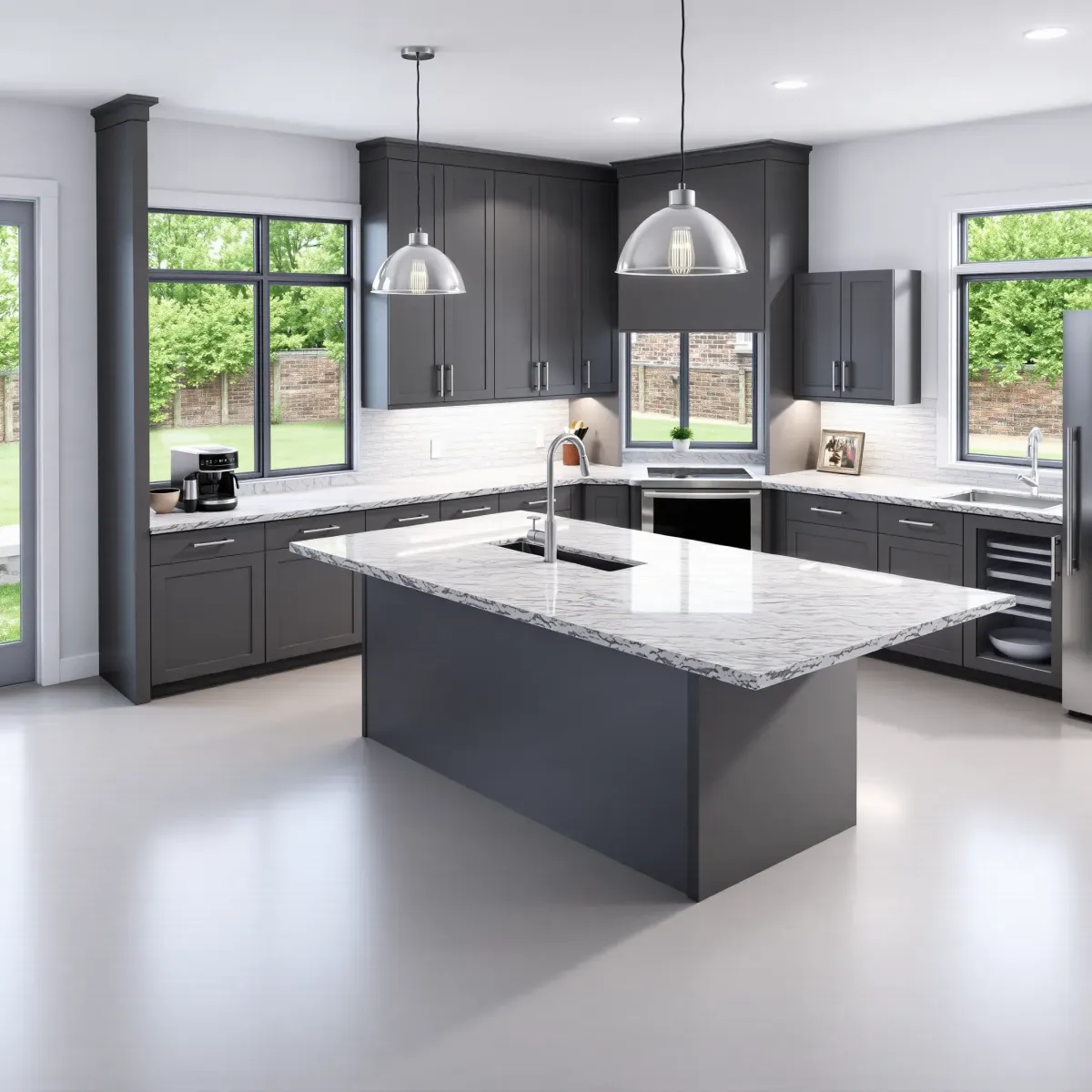 Bright Powell, TN kitchen with sleek matte cabinets, stainless steel appliances, granite island, subway backsplash, and garden view.