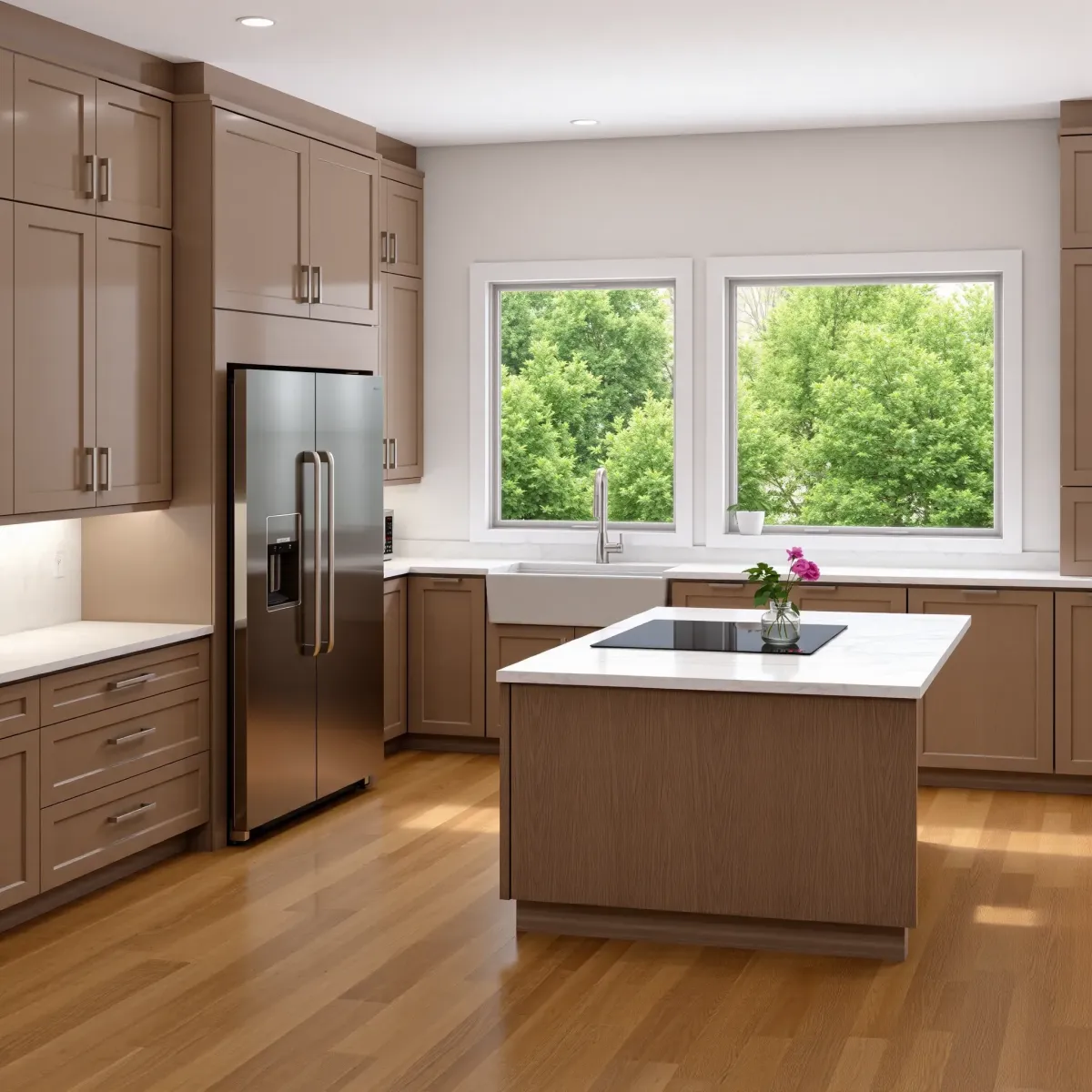 Renovated Louisville kitchen with granite countertops, stainless steel appliances, white cabinetry, hardwood floors, and natural light.