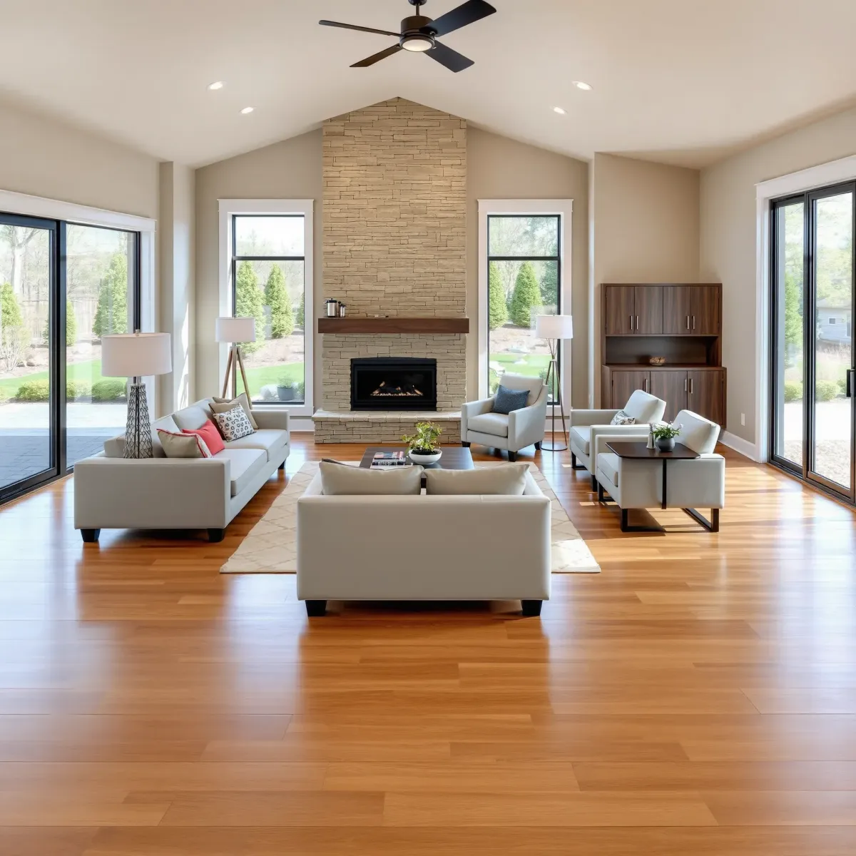 Renovated living room in Morristown, TN with hardwood floors, neutral walls, large windows, and modern décor.