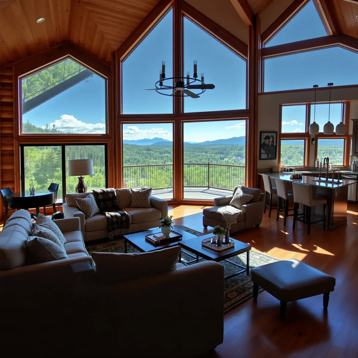 Remodeled Pigeon Forge home interior with vaulted ceilings, large windows, modern furnishings, and scenic mountain views.