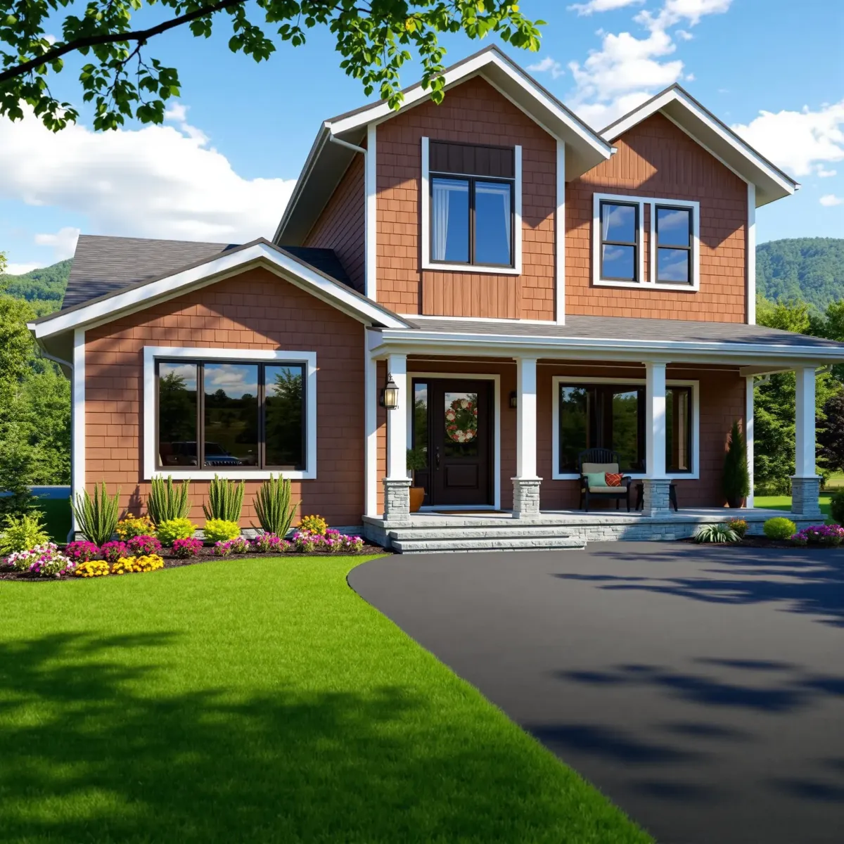 Renovated mountain cabin living room with modern furnishings, panoramic forest views, hardwood floors, and sleek kitchen.