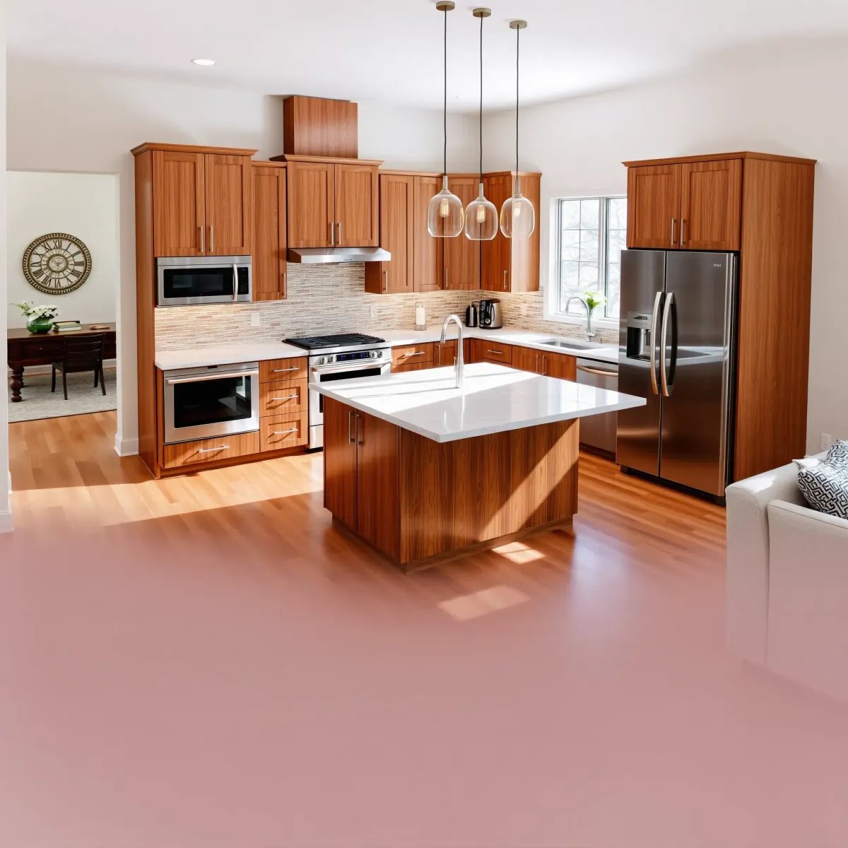 Modern kitchen in Oliver Springs with sleek cabinets, stainless steel appliances, granite island, hardwood floors, and natural light.
