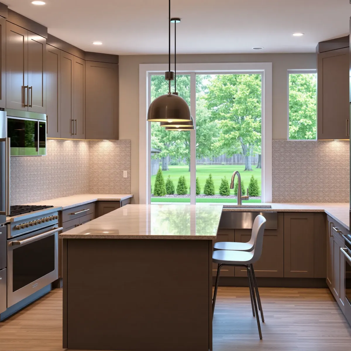 Beautiful Maryville kitchen remodel with sleek cabinets, stainless appliances, quartz counters, and lush outdoor views.