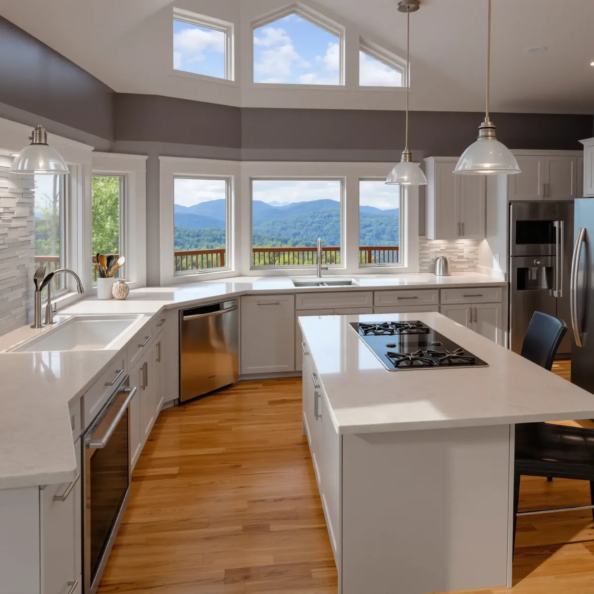 Bright Sevierville kitchen with custom wood cabinets, stainless appliances, granite counters, mountain view, and modern design.