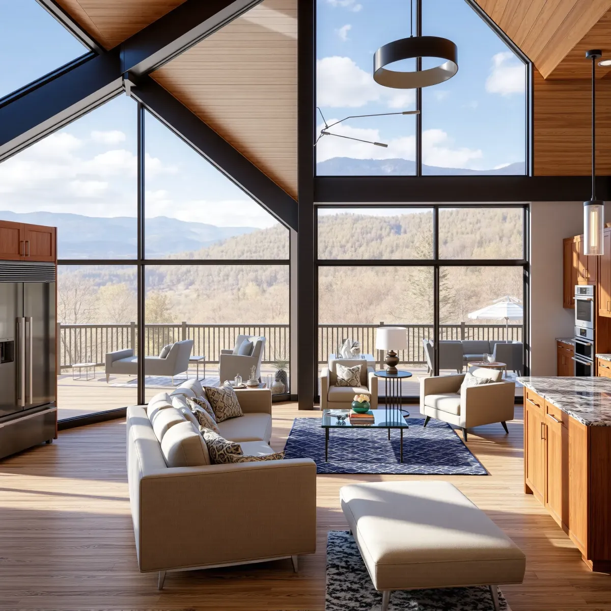 Beautiful Gatlinburg home interior with mountain views, modern living space, stylish kitchen, and natural scenery.