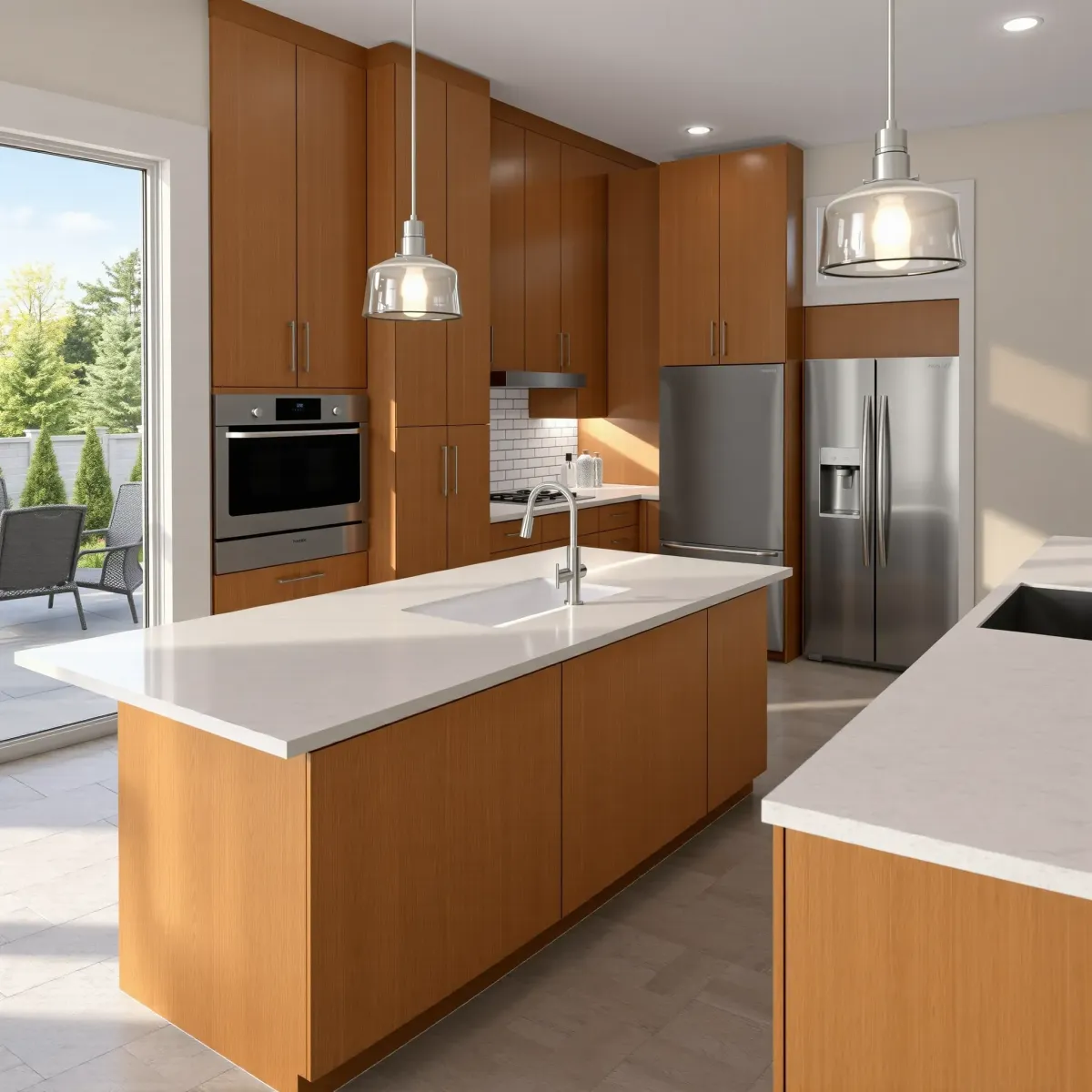 Modern Knoxville kitchen with warm wood cabinets, quartz island, sleek appliances, and scenic backyard view.