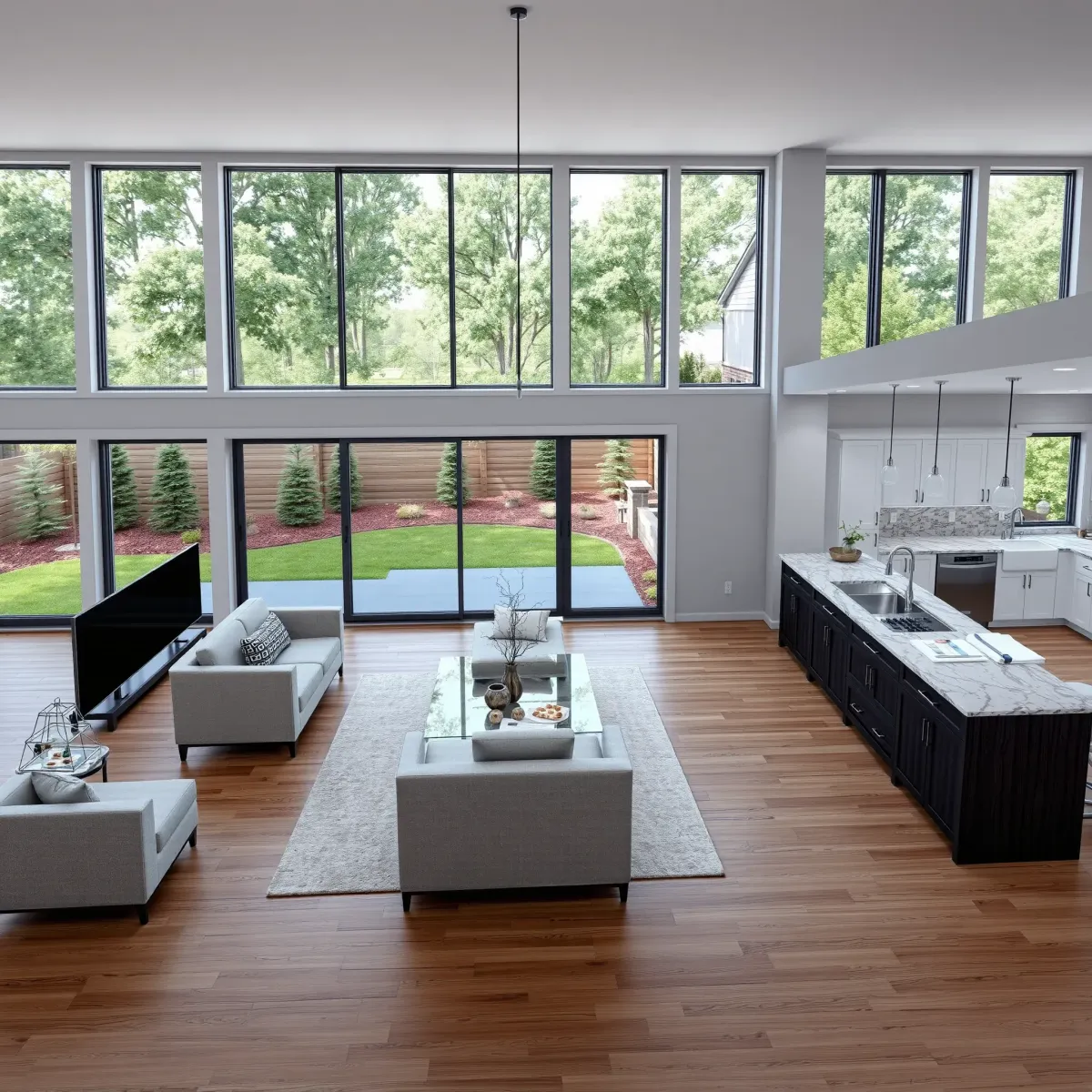 Beautiful Powell home remodel featuring a modern living room, open-concept kitchen, hardwood floors, large windows, and lush backyard.