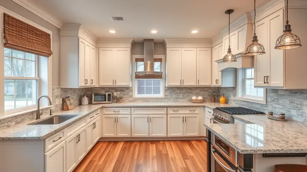 Recently remodeled Greeneville, TN kitchen with modern cabinets, granite island, stainless appliances, and stylish decor.