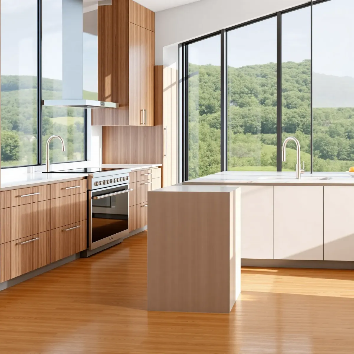 Modern Knoxville kitchen with timber cabinets, marble countertops, sleek appliances, hardwood floors, and scenic view.
