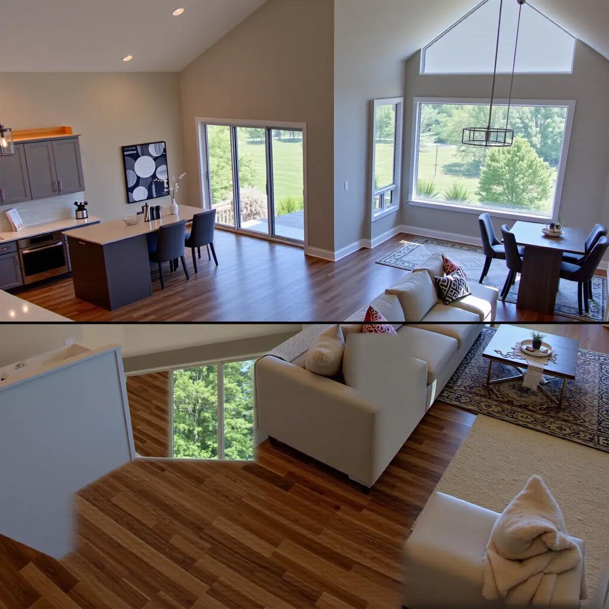 Modern remodeled home interior in Friendsville, TN with open-concept living, sleek kitchen, plush sofas, and landscaped backyard.