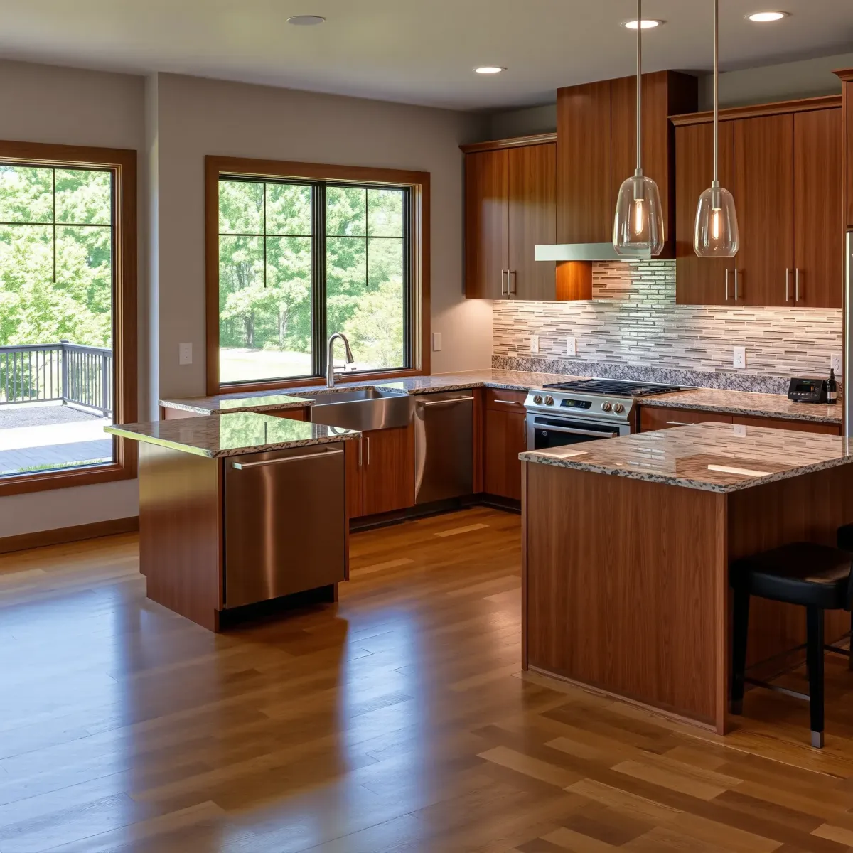 Modern Vonore kitchen with glossy white cabinets, stainless steel appliances, granite island, pendant lights, and lush green view.