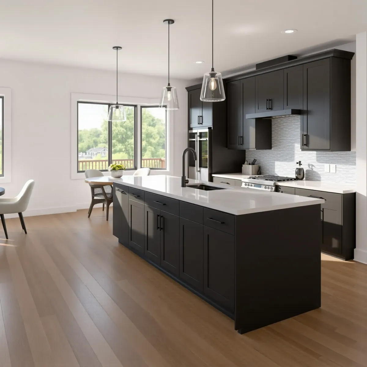 Modern Knoxville kitchen with sleek cabinetry, quartz island, stainless appliances, and scenic skyline view.