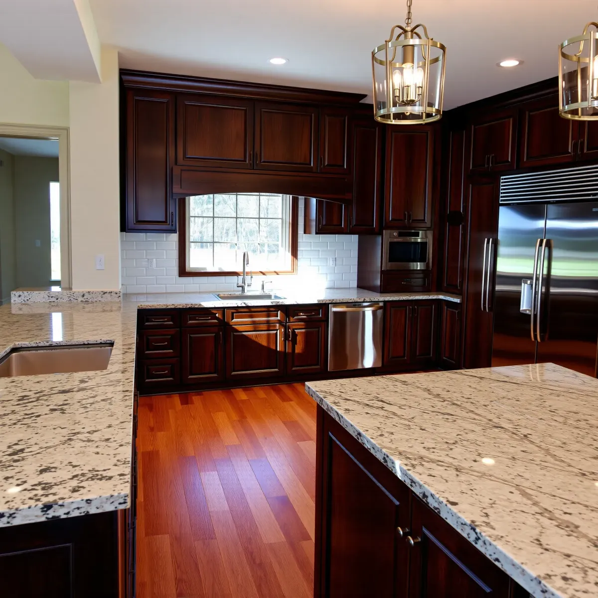Remodeled Powell, TN kitchen with granite countertops, stainless appliances, custom wood cabinetry, and pendant lighting.
