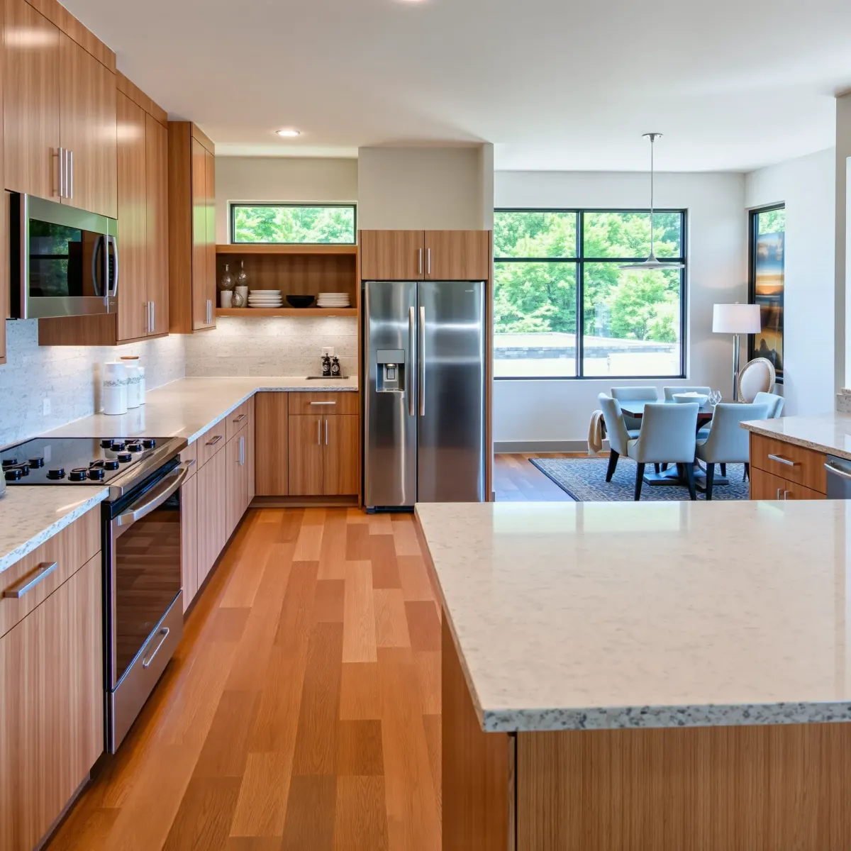 Beautiful renovated Seymour, TN kitchen with quartz counters, stainless steel appliances, hardwood floors, and scenic backyard views.