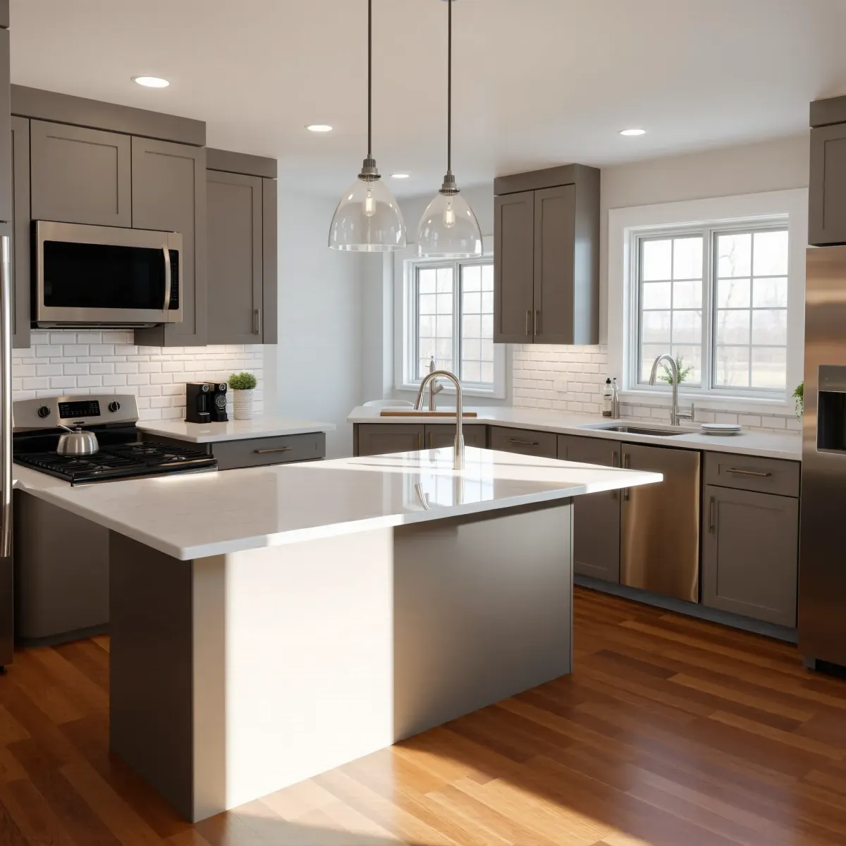 Updated upscale kitchen with sleek cabinets, quartz counters, large windows, hardwood floors, and modern appliances.