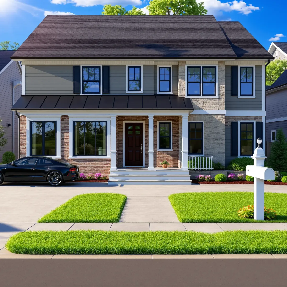 Renovated Powell TN home exterior featuring modern-traditional design, lush landscaping, clean driveway, and charming neighborhood.