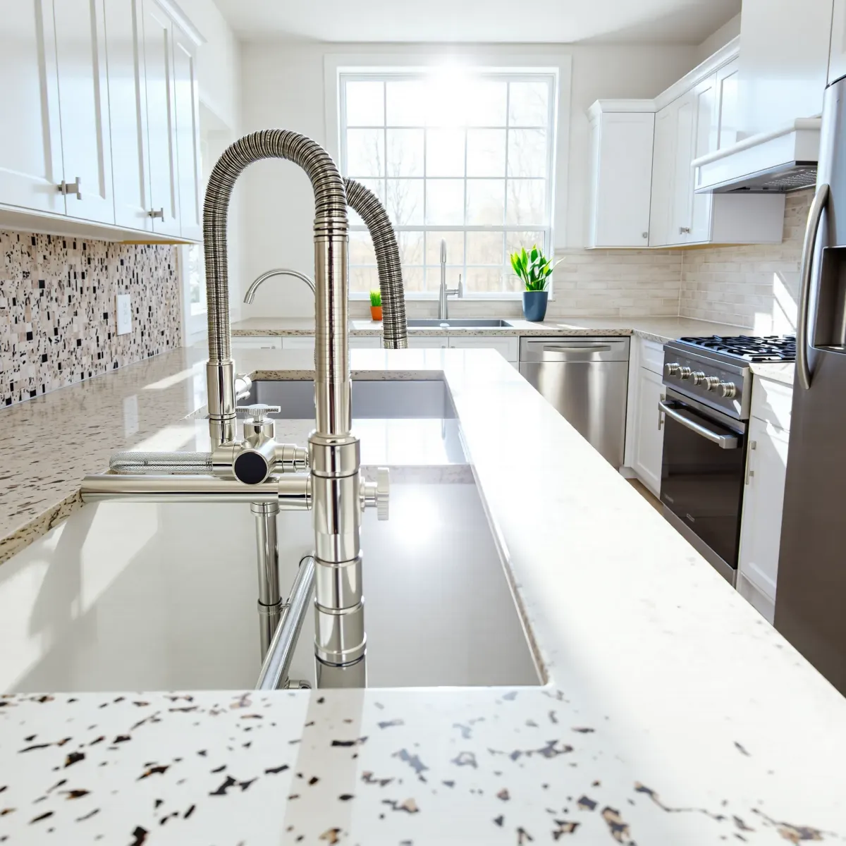 Modern Knoxville kitchen with polished stainless steel plumbing, fixtures, and valves beneath a sleek granite countertop.